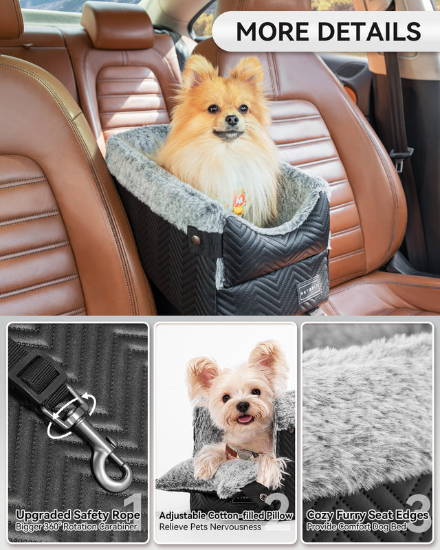 Detail collage highlights 360° safety leash clip, adjustable pillow edge, and plush trim on a dog car seat in tan interior.