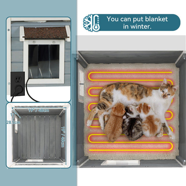 PETSFIT outdoor cat house interior showing electric outlet port for heater, PVC curtain door detail, and cats inside on heated blanket with 19x19 inch floor dimensions