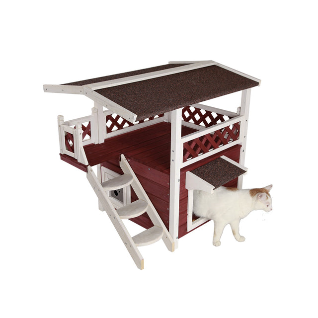 PETSFIT large 2-story outdoor wooden cat house with sisal ramp, upper balcony, and flap doors, featuring two cats exploring the house levels against white background