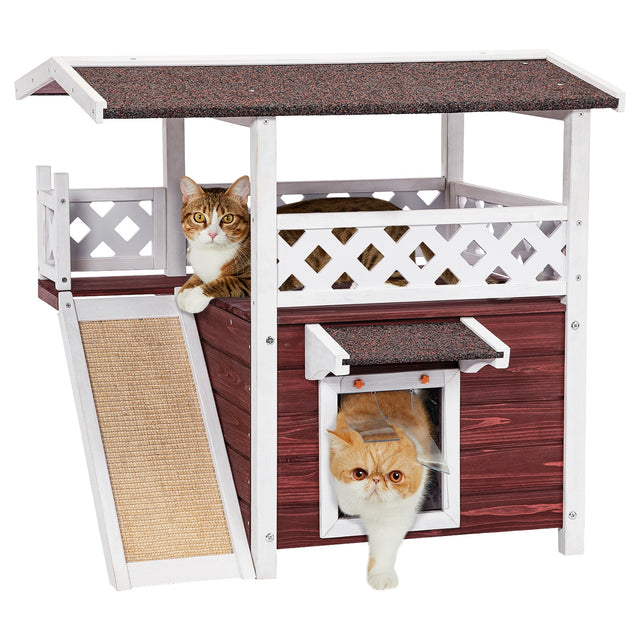 PETSFIT 2-story red brown outdoor wooden cat house with sisal scratching ramp, transparent flap door, lattice fence balcony, three cats using the house on white background