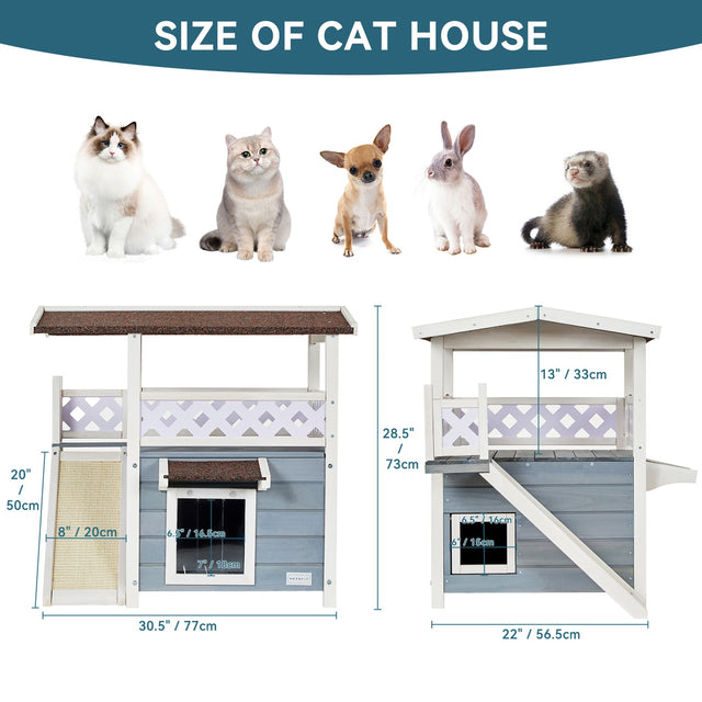 PETSFIT outdoor 2-story cat house size chart showing 30.5x22x28.5 inch overall dimensions with PVC curtain door measurements and compatible pets including cats dogs rabbits