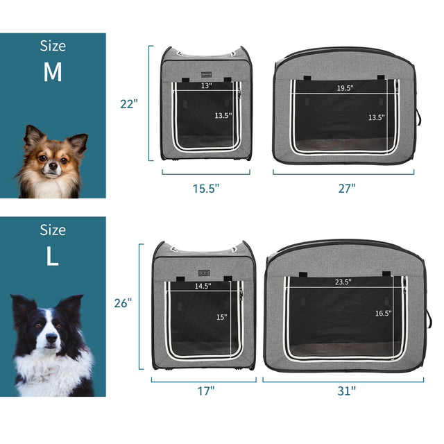 Size chart showing medium and large soft dog crate dimensions, with front and side door opening measurements for each model.