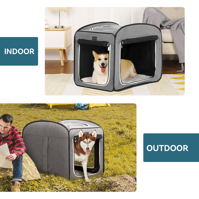 Split scene shows indoor living room use and outdoor camping use, with dogs comfortably entering the soft dog crate.