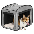 Gray soft dog crate with front and side roll-up mesh doors, as a happy corgi steps out onto the plush inner mat.