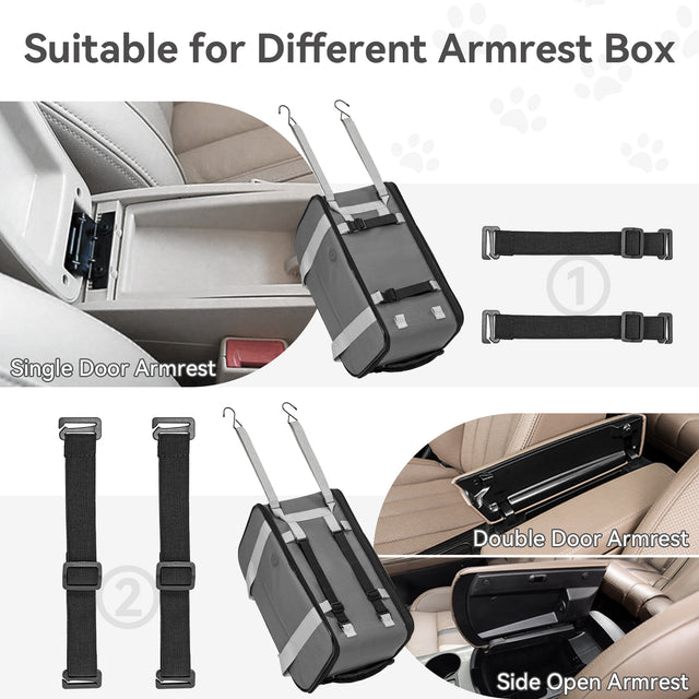PETSFIT console dog car seat compatibility chart showing three armrest opening types — top, dual and side opening configurations