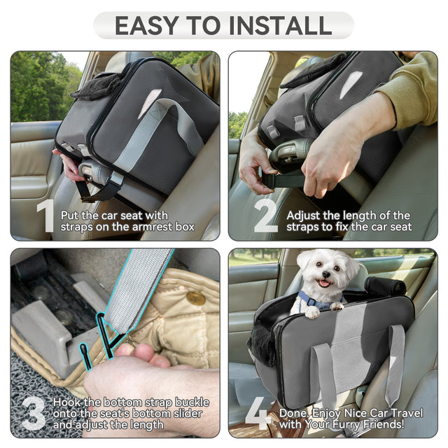 PETSFIT console dog car seat 4-step installation guide showing how to open, insert, adjust and secure in center console