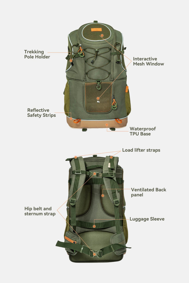 PETSFIT WILDPATH dual pet hiking carrier backpack mobile feature callout showing front view with trekking pole holder, interactive mesh window, reflective safety strips, waterproof TPU base, and rear view with load lifter straps, ventilated back panel, hip belt, sternum strap and luggage sleeve