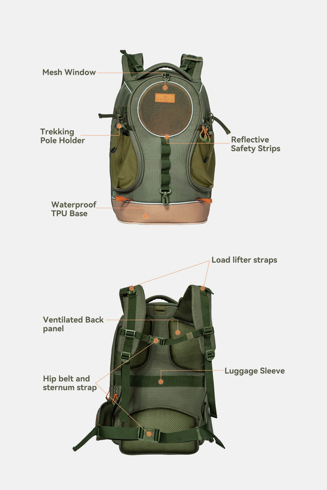 PETSFIT WILDPATH green hiking pet carrier backpack mobile feature callout showing front view with mesh window, trekking pole holder, reflective safety strips, waterproof TPU base, and rear view with load lifter straps, ventilated back panel, hip belt, sternum strap and luggage sleeve