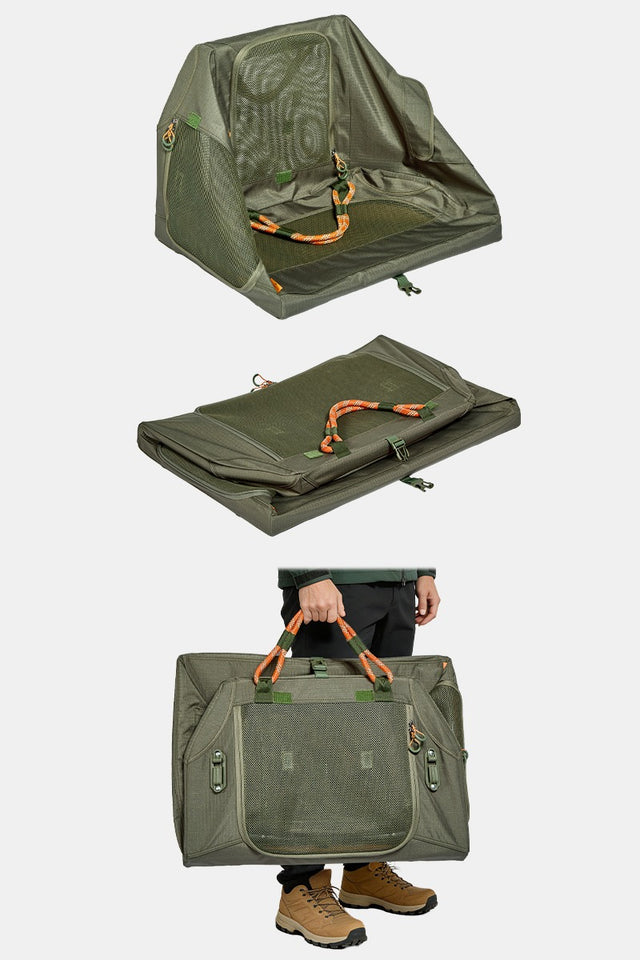 PETSFIT WILDPATH travel dog crate vertical view showing three modes open angled carry flat fold with army green fabric and orange rope handles
