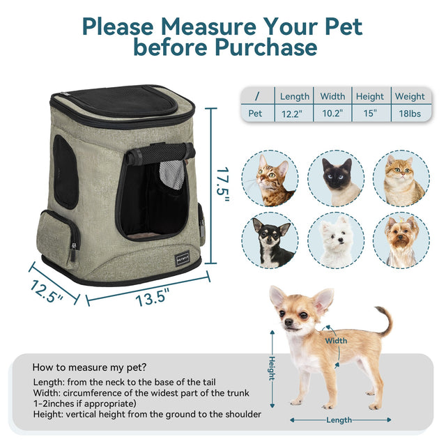 PETSFIT soft pet backpack carrier sage green size guide showing 17.5x13.5x12.5 inch dimensions and pet measurement chart for cats and small dogs up to 18lbs with how to measure instructions