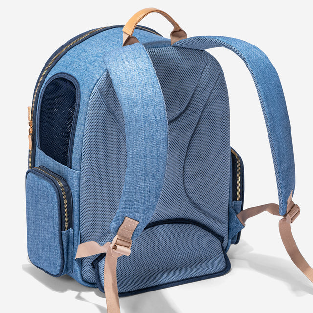 Rear view highlights padded breathable back panel, adjustable shoulder straps, and side storage pocket for comfortable travel