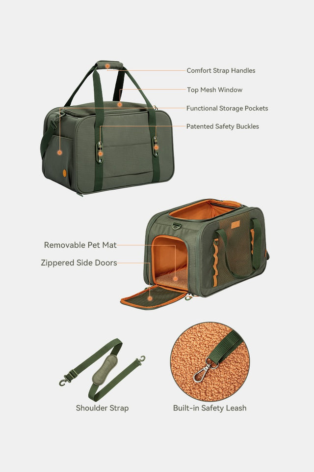 PETSFIT WILDPATH olive green pet travel carrier mobile feature callout showing comfort strap handles, top mesh window, storage pockets, patented safety buckles, removable pet mat, zippered side doors, shoulder strap and built-in safety leash