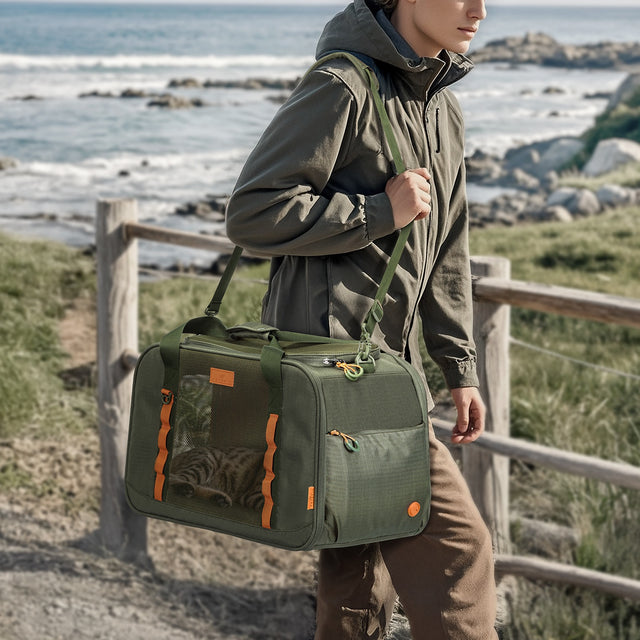 Male hiker carrying PETSFIT WILDPATH olive green pet travel carrier with cat inside by seaside wooden railing, ocean and rocky shore in background