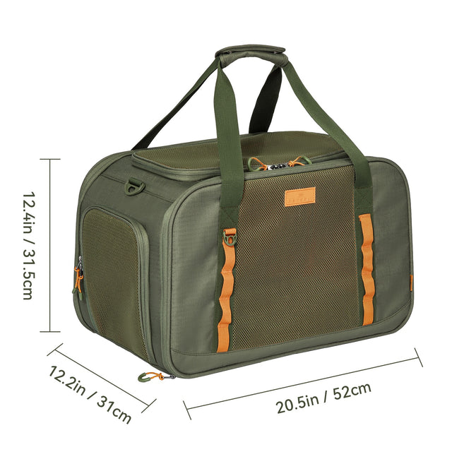 PETSFIT WILDPATH pet travel carrier size chart showing 20.5in x 12.2in x 12.4in dimensions with measurement callouts on olive green carrier