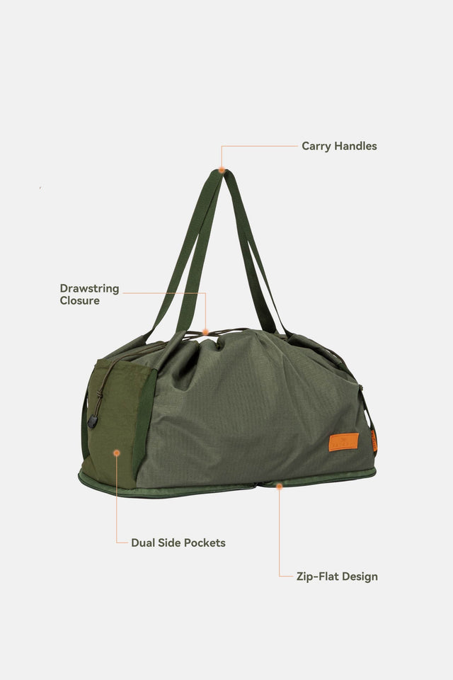 PETSFIT WILDPATH olive green foldable dog travel bag mobile feature callout showing carry handles, drawstring closure, dual side pockets, and zip-flat design on white background