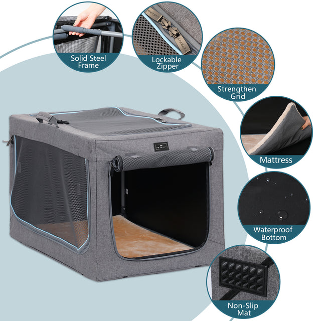 Close-up of the soft, fluffy filling and gray fabric of the Petsfit dog crate