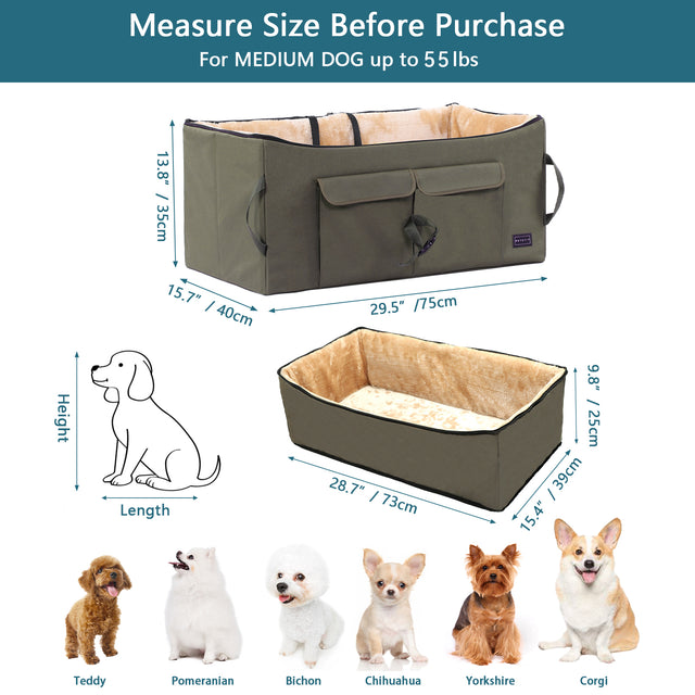 Size chart for olive green dog booster seat: outer 29.5 x 15.7 x 13.8 in, inner 28.7 x 15.4 x 9.8 in, medium dogs up to 55 lbs