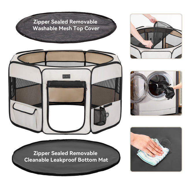 PETSFIT dog playpen features — zipper sealed removable washable mesh top cover and leakproof cleanable bottom mat with machine wash detail