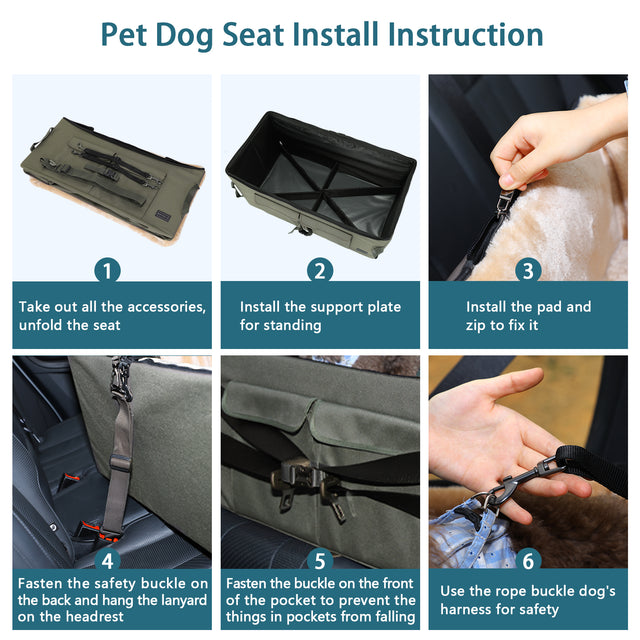 Step-by-step diagram shows how to unfold, assemble, zip, strap, and tether the dog booster seat securely in a car.