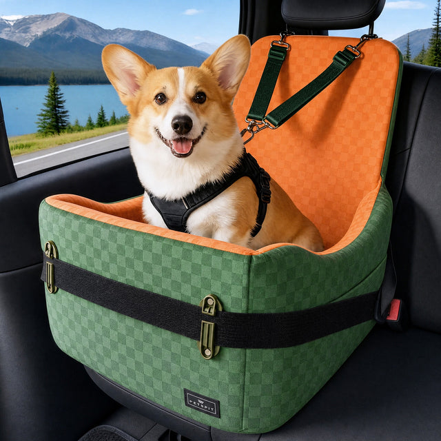 PETSFIT memory foam dog booster car seat in olive green exterior with orange interior contrast, available in USA
