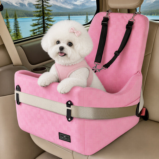 PETSFIT memory foam dog booster car seat in pink with white Bichon dog, available in USA