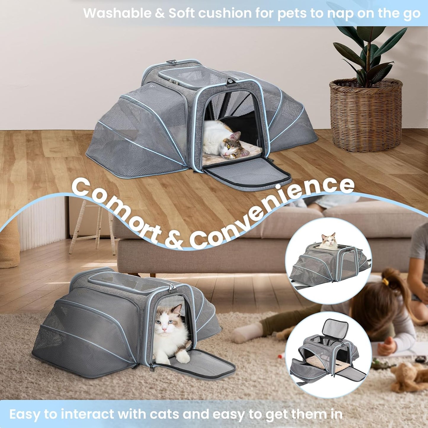 Petsfit Expandable Large Cat Carrier Small Dog Carriers Airline Approved Soft-Sided Portable Washable Pet Travel Carrier with 2 Extension for Kittens, Puppies, Rabbits-Pet Supplies