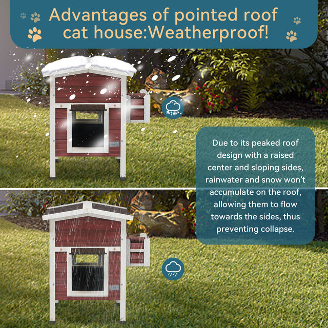 Peaked-roof outdoor cat house shown in snow and rain, where sloped sides help water and buildup slide off in bad weather.
