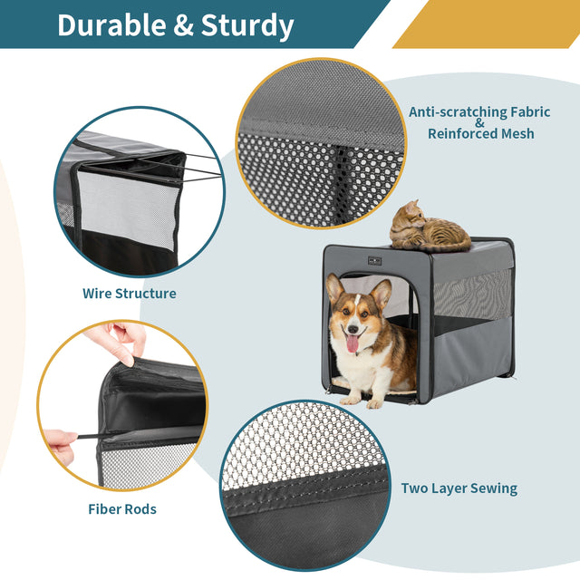 A happy dog curled up and sleeping soundly on a comfortable gray Petsfit indoor cushion