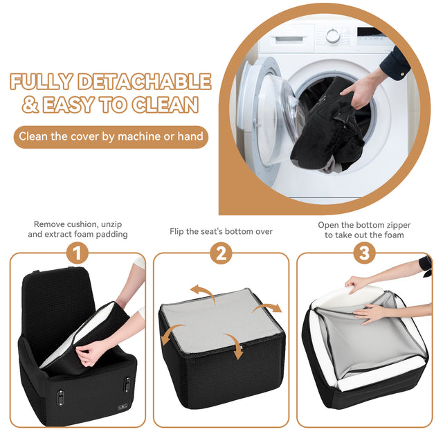 PETSFIT dog car seat with detachable foam cushion being removed next to washing machine illustrating washable cover