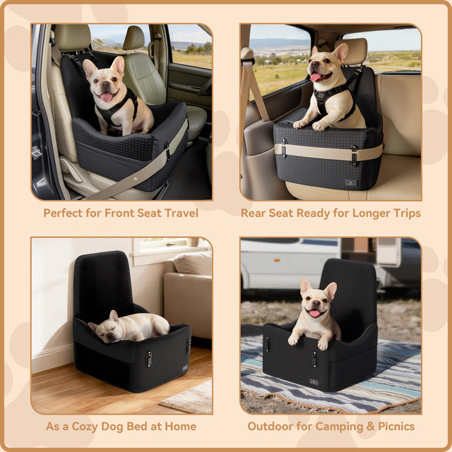Four-panel guide showing PETSFIT dog booster seat used on front seat, rear seat, as indoor dog bed, and on outdoor picnic blanket