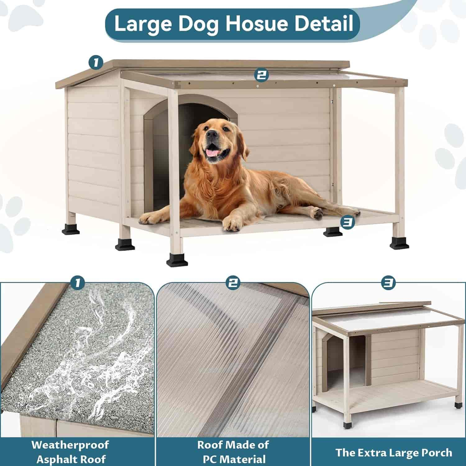 PETSFIT Luxury Outdoor Dog House For Large With Extra-Large Porch Cabin Style -  Pet Supplies