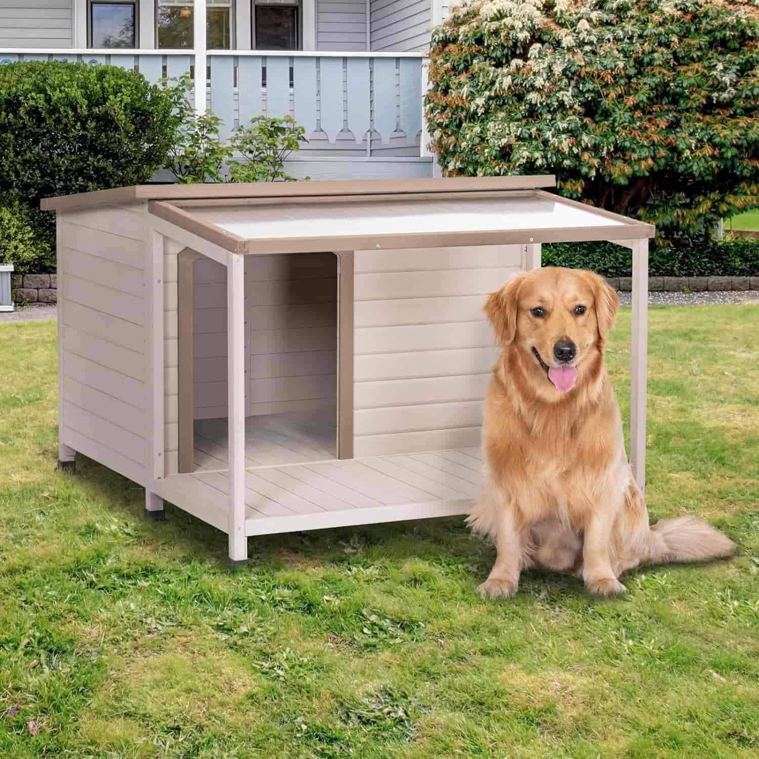 PETSFIT Luxury Outdoor Dog House For Large With Extra-Large Porch Cabin Style -  Pet Supplies