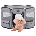 Apricot toy poodle rests in the open doorway of a gray portable pet playpen with mesh sides, top panel, and side storage pockets.