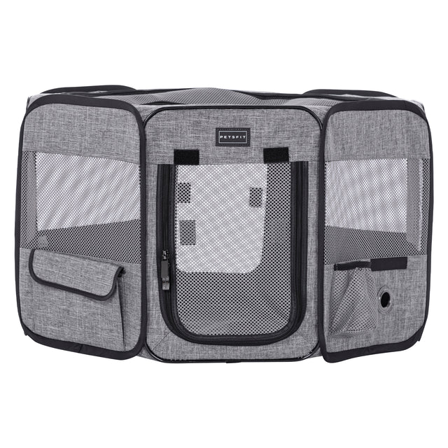 Gray octagonal small dog playpen displayed with zippered front door, breathable mesh windows, top mesh panel, and side accessory pockets.