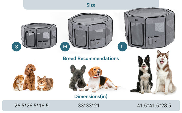 Three playpen sizes compared with breed examples, matching dimensions for rabbits, small dogs, medium breeds, and larger dogs.