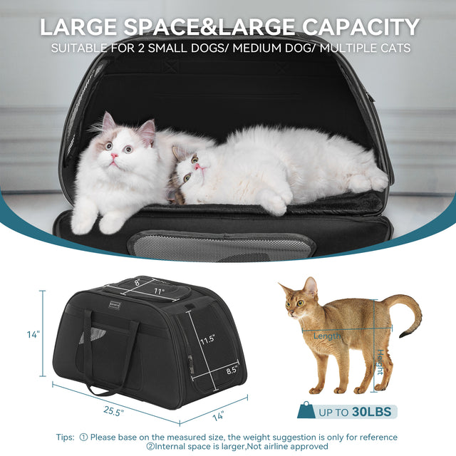 Two fluffy cats lounge inside an expanded black pet carrier, highlighting roomy interior, size specs, and up to 30 lb support.