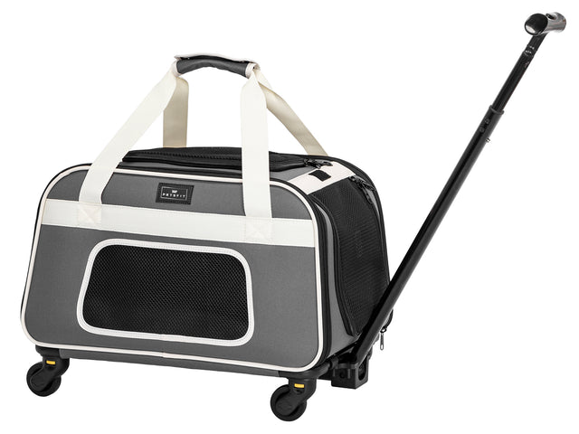 Petsfit grey and white pet roller bag being pulled through an airport, ideal for air travel with pets