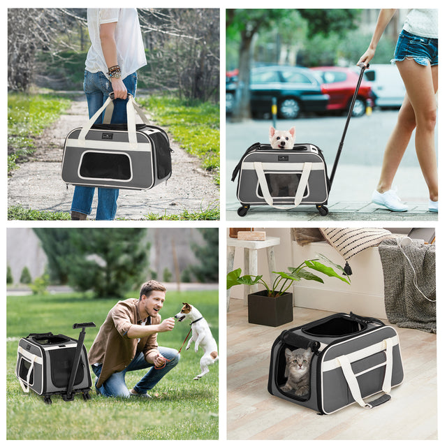 Petsfit grey and white pet roller bag being pulled through an airport, ideal for air travel with pets