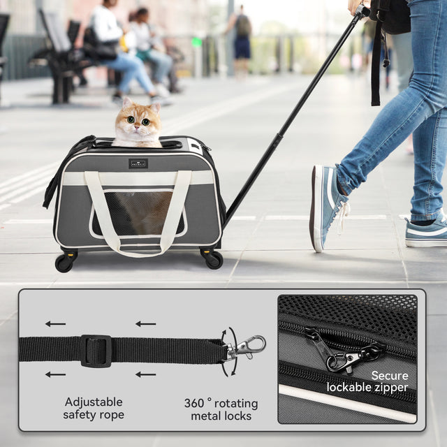 Petsfit grey and white pet roller bag being pulled through an airport, ideal for air travel with pets