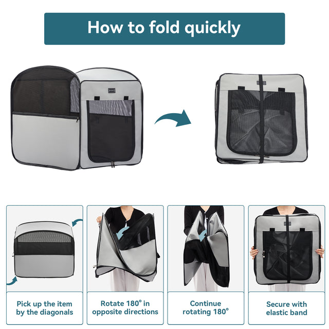 Step-by-step panels show how to twist and fold the collapsible dog crate flat, then secure it neatly with an elastic band.