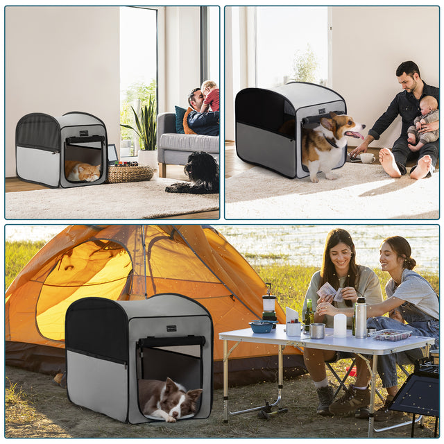 Collapsible dog crate shown in living room and campsite scenes, offering a calm resting spot for pets at home or outdoors.