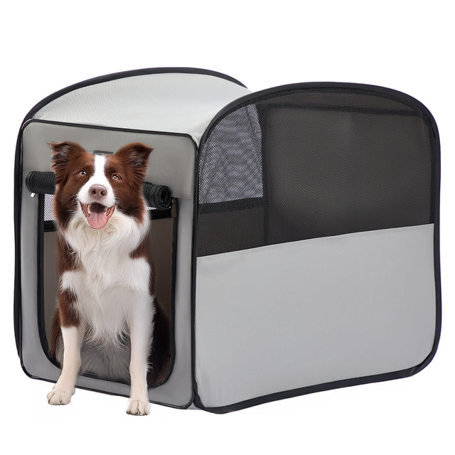Happy border collie sits in the open doorway of a gray pop-up dog crate, with airy mesh panels and a curved soft frame.