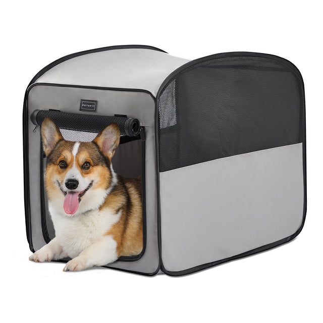 Smiling corgi relaxes at the open doorway of a gray pop-up dog crate with breathable mesh sides and a roll-up front flap.