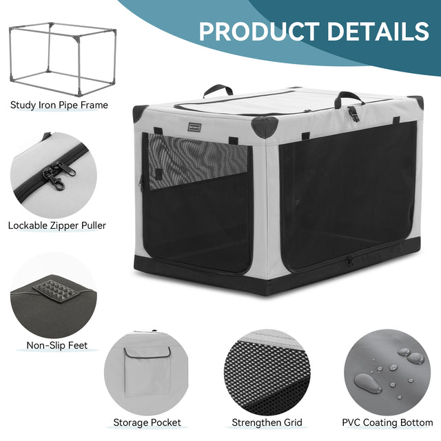 Feature layout highlights soft dog crate details, including steel frame, lockable zippers, non-slip feet, and water-resistant base.
