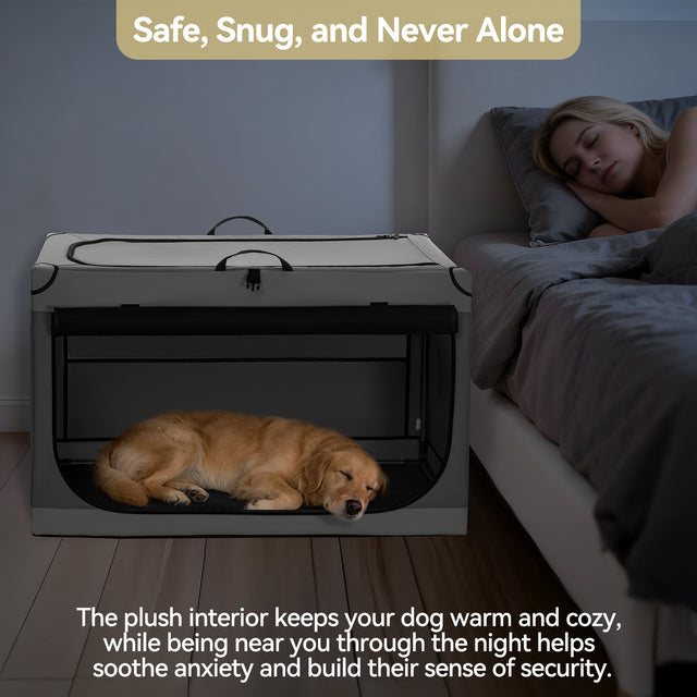Golden retriever sleeps in a soft dog crate beside the bed, creating a cozy nighttime den that keeps pets close and calm.
