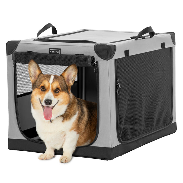 Happy corgi sits at the open entrance of a gray collapsible dog crate, with mesh windows for airflow and visibility.