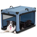 Blue soft dog crate with mesh doors and top panel open, as a happy border collie lounges comfortably inside.