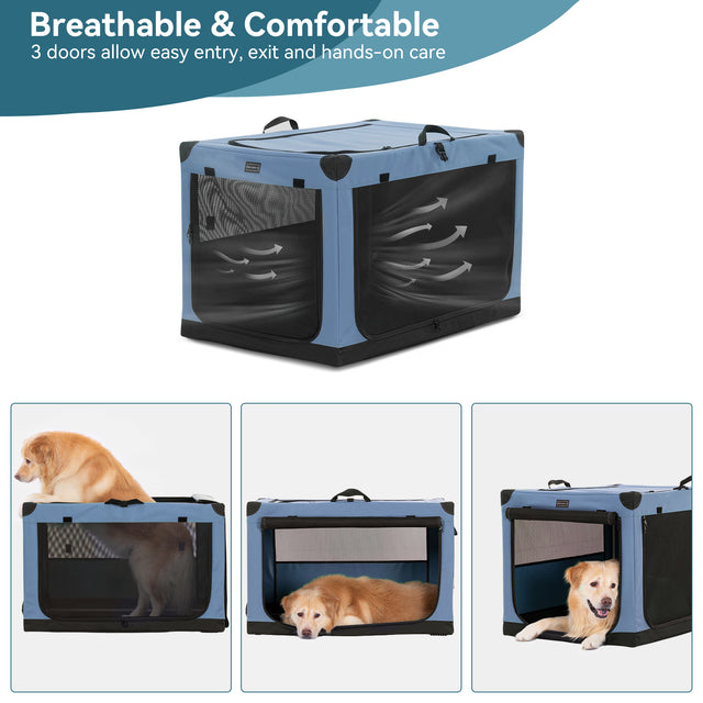Breathable soft dog crate with three zippered doors and mesh airflow panels, shown with a golden retriever entering and resting.