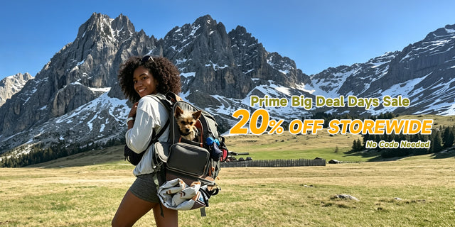 Prime Big Deal Days 20% off banner: hiker in an alpine meadow below snowy peaks with a Yorkie in a grey pet backpack (desktop version)