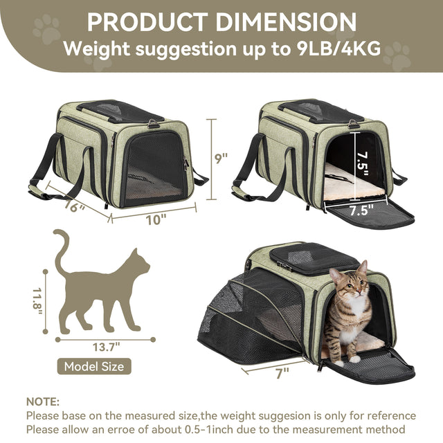 Cat carrier size guide shows 16 x 10 x 9 inch body, 7.5 inch front opening, and expandable side space for pets up to 9 lb.